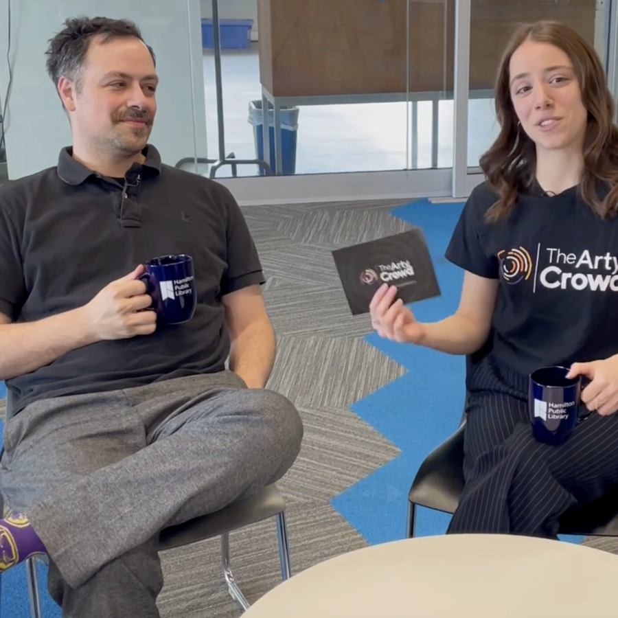 Megan chats with Patrick from Hamilton Public Library, on-location for an episode in Season 1.